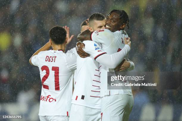 Ante Rebic of AC Milan and Rafael Alexandre da Conceição Leão of AC Milan celebrates after scoring a goal during the Serie A match between Empoli FC...