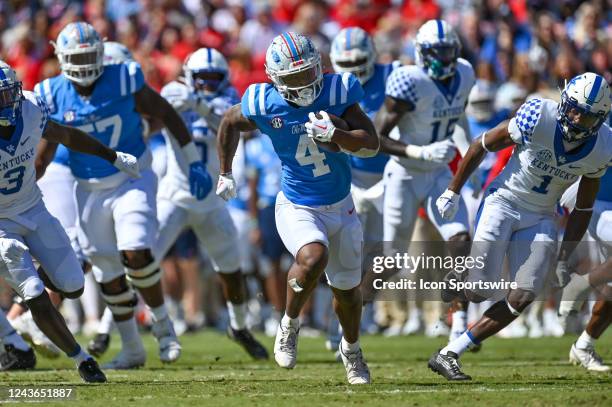 Ole' Miss running back Quinshon Judkins runs the ball during the college football game between the Kentucky Wildcats and the Ole' Miss Rebels at...