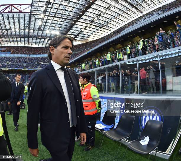 Simone Inzaghi head coach of FC Internazionale looks on prior the Serie A match between FC Internazionale and AS Roma at Stadio Giuseppe Meazza on...