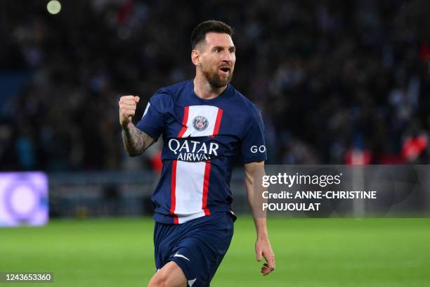 Paris Saint-Germain's Argentine forward Lionel Messi celebrates after scoring during the French L1 football match between Paris Saint-Germain and OGC...