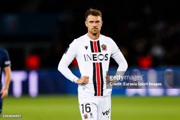 Aaron Ramsey of Nice walks in the field during the Ligue 1 match between Paris Saint-Germain and OGC Nice at Parc des Princes on October 1, 2022 in...