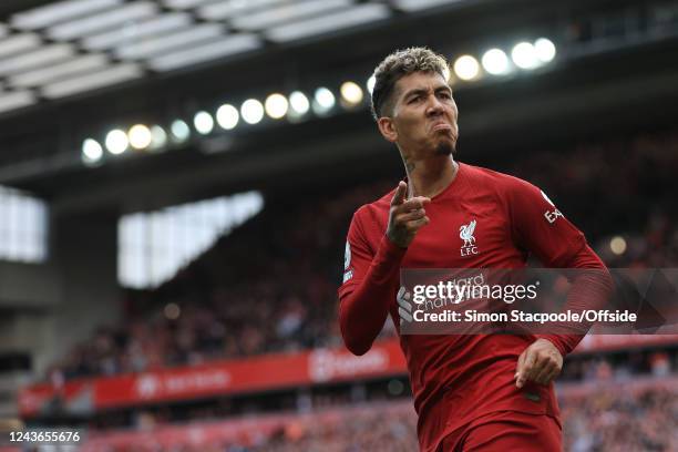 Roberto Firmino of Liverpool celebrates after scoring their 1st goal during the Premier League match between Liverpool FC and Brighton & Hove Albion...