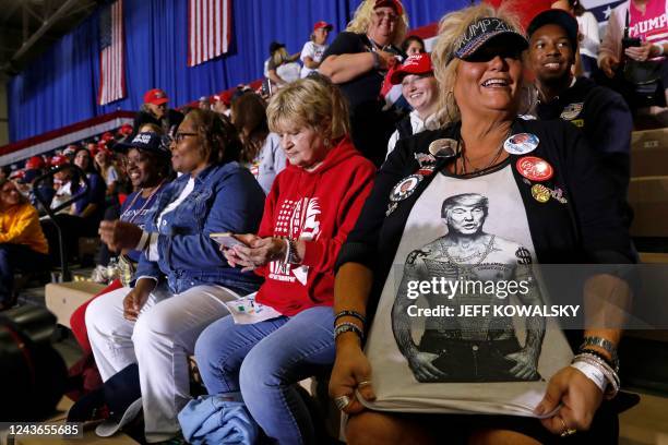 Flo Vaughan attends a former US President Donald Trump's Save America rally at Macomb County Community College Sports and Expo Center in Warren,...