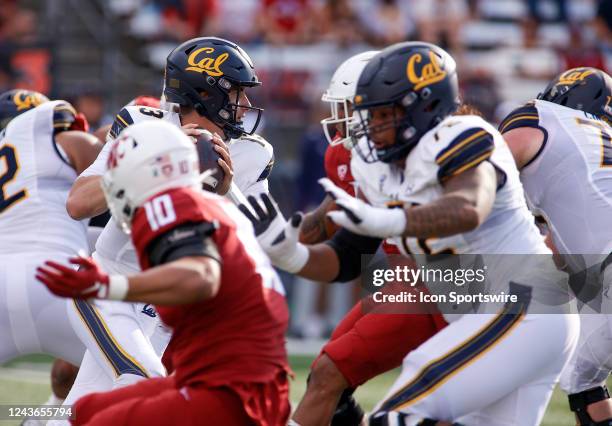 California Golden Bears quarterback Jack Plummer navigates through the line during the game between the Washington State Cougars and the California...