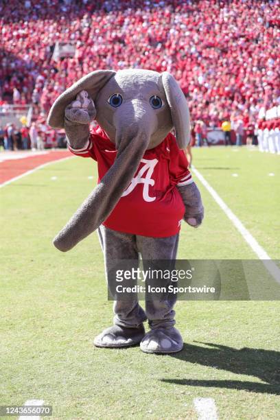 The Alabama mascot entertains the crowd before the game between the Arkansas Razorbacks and the Alabama Crimson Tide on October 01, 2022 at Donald W....