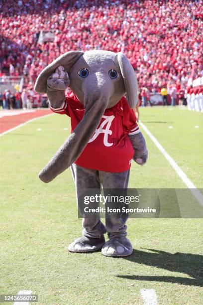 The Alabama mascot entertains the crowd before the game between the Arkansas Razorbacks and the Alabama Crimson Tide on October 01, 2022 at Donald W....