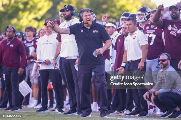 Mississippi State Bulldogs head coach Mike Leach yells at an official during the game between the Mississippi State Bulldogs and the Texas A&M Aggies...