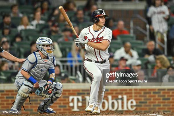 Atlanta first baseman Matt Olson hits a line drive during the MLB game between the New York Mets and the Atlanta Braves on October 1st, 2022 at...