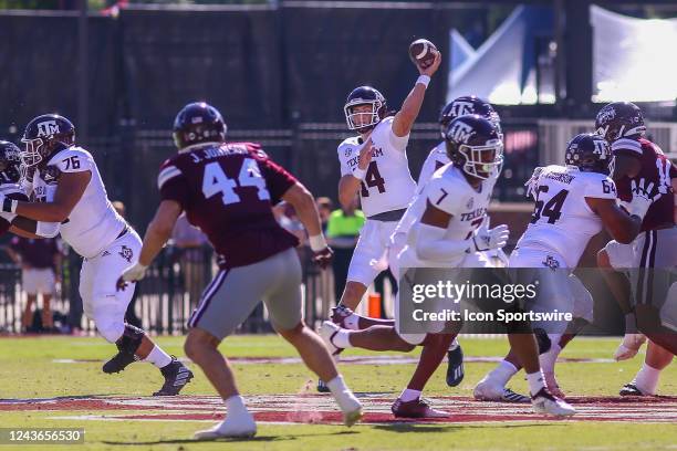 Texas A&M Aggies quarterback Max Johnson passes during the game between the Mississippi State Bulldogs and the Texas A&M Aggies on October 1, 2022 at...