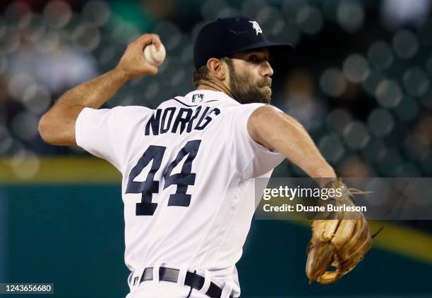 Daniel Norris of the Detroit Tigers pitches against the Minnesota Twins during the sixth inning of the game against the Minnesota Twins at Comerica...