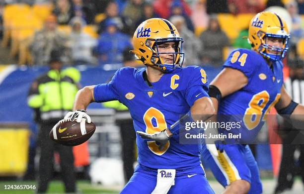 Kedon Slovis of the Pittsburgh Panthers drops back to pass in the first quarter of the game against the Georgia Tech Yellow Jackets at Acrisure...