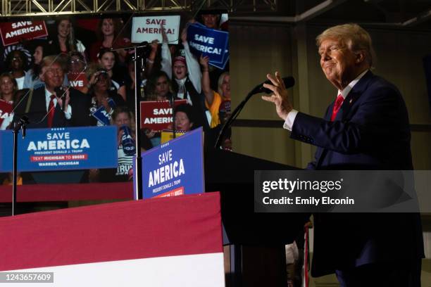 Former President Donald Trump speaks during a Save America rally on October 1, 2022 in Warren, Michigan. Trump has endorsed Republican gubernatorial...