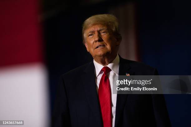 Former President Donald Trump gets ready to speak during a Save America rally on October 1, 2022 in Warren, Michigan. Trump has endorsed Republican...