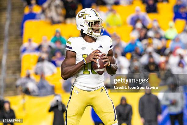 Georgia Tech Yellow Jackets quarterback Jeff Sims looks to pass during the college football game between the Georgia Tech Yellow Jackets and the...