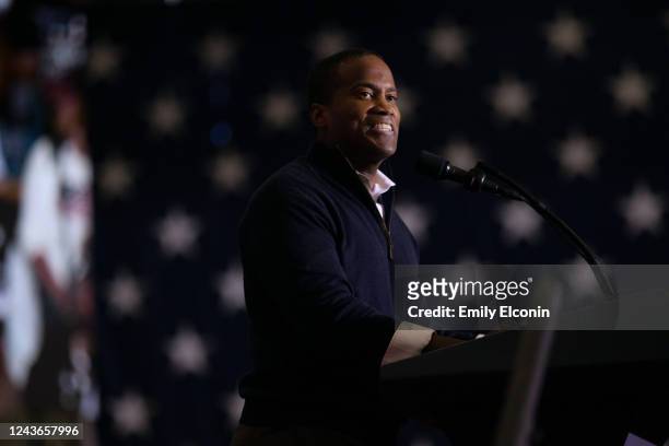 Endorsed candidate for Michigan Representative John James speaks during a Save America rally on October 1, 2022 in Warren, Michigan. Trump has...