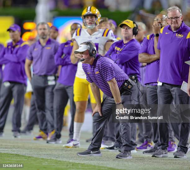 Head coach Brian Kelly of the LSU Tigers looks on during a third down attempt in the second half of the game against the Auburn Tigers at Jordan-Hare...
