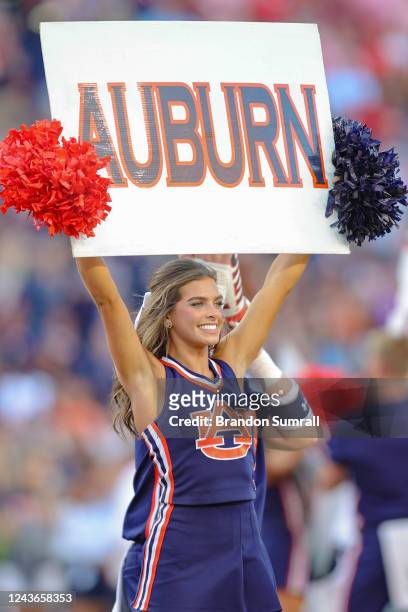 University of Auburn cheerleader fires up the home crowd before kickoff between the LSU Tigers and Auburn Tigers at Jordan-Hare Stadium on October 1,...