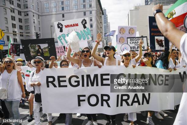 Crowd marches in support of the global protest after the death of Mahsa Amini in Iran on October 01, 2022 in Downtown Los Angeles, California, United...