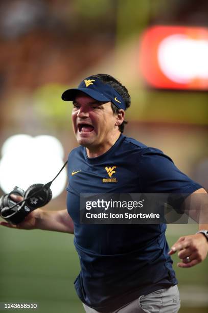 West Virginia Mountaineers head coach Neal Brown yells at referees during game between the West Virginia Mountaineers and the Texas Longhorns on...