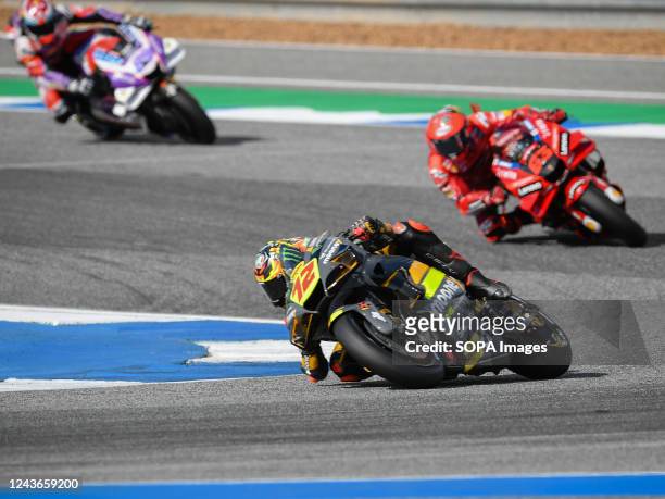 Marco Bezzecchi of Italy and Mooney VR46 Racing Team seen in action during the MotoGP of Thailand - Qualifying at Chang International Circuit in...