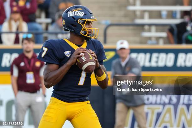 Toledo Rockets quarterback Dequan Finn looks for a receiver during the fourth quarter of a Mid-American Conference regular season college football...