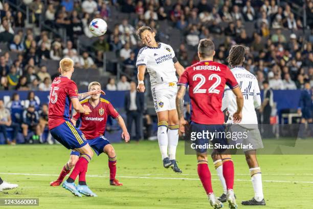 Javier Hernández of Los Angeles Galaxy heads the ball toward goal during the match against Real Salt Lake at the Dignity Health Sports Park on...