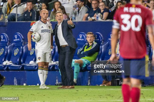 Los Angeles Coach Greg Vanney talks to Chase Gasper of Los Angeles Galaxy during the match against Real Salt Lake at the Dignity Health Sports Park...