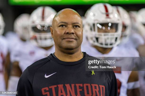 Head Coach David Shaw of the Stanford Cardinal walks on the field before their game against the Oregon Ducks at Autzen Stadium on October 1, 2022 in...