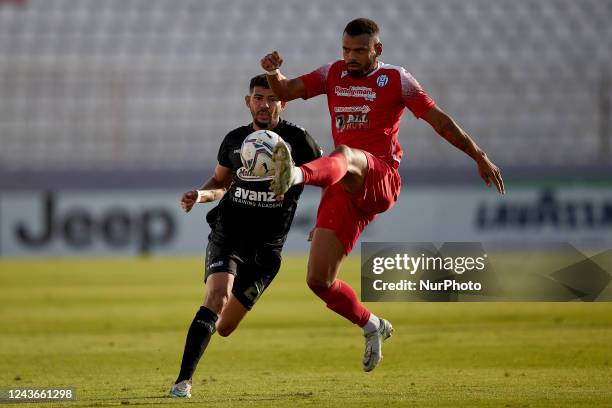 Andre Prates of Gudja United connects with the ball during the Malta BOV Premier League match between Santa Lucia and Gudja United at the National...