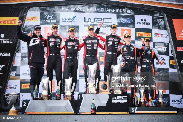 Podium left Jari-Matti Latvala, Benjamin Veillas, Sebastian Ogier, Jonne Halttunen, Kalle Rovanperä, Ott Tänak and Martin Järveoja at WRC Rally New...