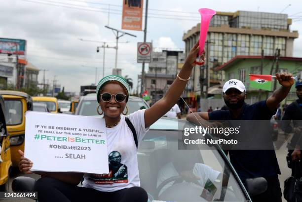 Supporters of Peter Obi, Presidential candidate of Labour Party for the 2023 Presidential election hold a rally in Ikeja, Lagos, Nigeria, on...
