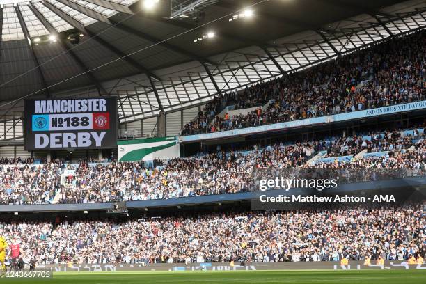 General view as an LED sign states the 188th Manchester Derby during the Premier League match between Manchester City and Manchester United at Etihad...