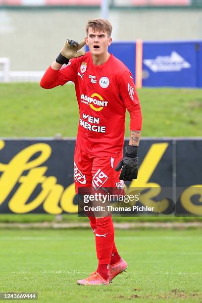 Simon Emil Spari of FAC Wien during the 2. Liga match between FAC Wien and FC Blau Weiss Linz at FAC Arena on October 02, 2022 in Vienna, Austria.