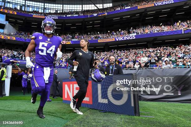 Eric Kendricks of Minnesota Vikings looks on prior to the NFL match between Minnesota Vikings v New Orleans Saints at Tottenham Hotspur Stadium on...