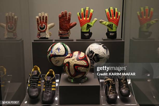 Items are on display during the World of Football exhibition, which showcases the history and evolution of the sport ahead of the 2022 FIFA World...