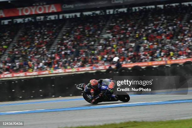 Fabio Quartararo as French MotoGP racer Monster Energy Yamaha MotoGP during MotoGP race at Chang International Circuit on October 2, 2022 in Buriram,...