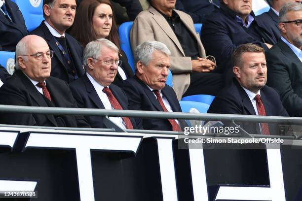 Chief executive of Manchester United Richard Arnold, former chief executive of Manchester United David Gill and Sir Alex Ferguson look dejected...