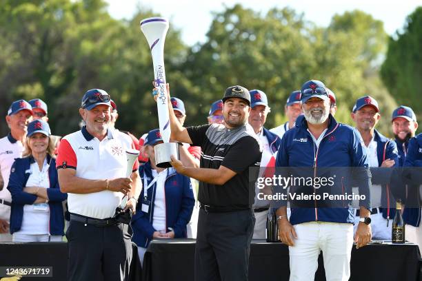 Joel Sjoholm of Sweden poses with the trophy after winning the Hopps Open de Provence during Day Four of the Hopps Open de Provence at Golf...