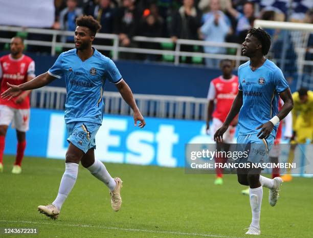 Troyes' Ecuadorian defender Jackson Porozo celebrates after scoring a goal during the French L1 football match between ES Troyes AC and Stade de...