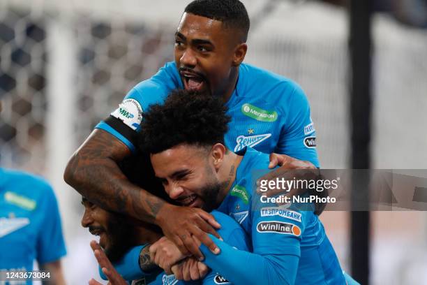 Wendel , Malcom and Claudinho of Zenit St. Petersburg celebrate a goal during the Russian Premier League match between FC Zenit Saint Petersburg and...