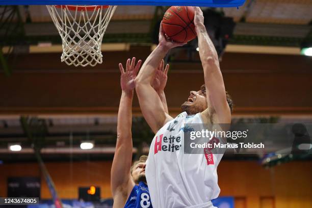 Nemanja Krstic of Kapfenberg and Moritz Lanegger of Vienna during the Basketball Superliga match between Kapfenberg Bulls and D.C. Timberwolves at...