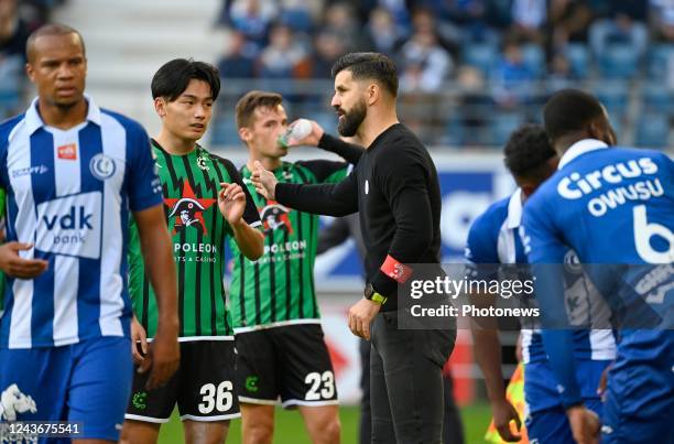 Muslic Miron head coach of Cercle Brugge and Ayase Ueda forward of Cercle Brugge during the Jupiler Pro League match between Kaa Gent and Cercle...