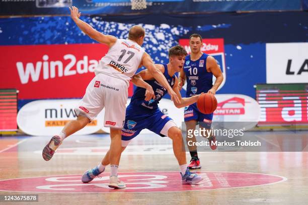 Jakob Lohr of Vienna and Jakob Szkutta of Vienna during the Basketball Superliga match between Kapfenberg Bulls and D.C. Timberwolves at Sporthalle...
