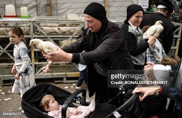 An ultra-Orthodox Jewish woman swings a chicken over the head of her child during the Kapparot ritual in Jerusalem's Mea Shearim neighbourhood, on...