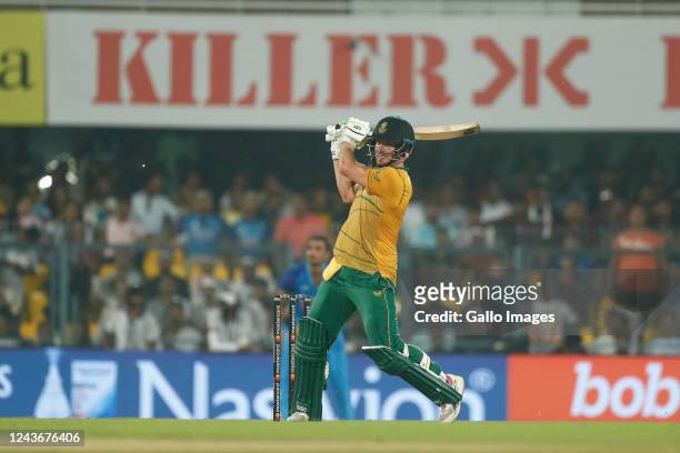 David Miller of South Africa plays a shot during the 2nd T20 international match between India and South Africa at Barsapara Cricket Stadium on...