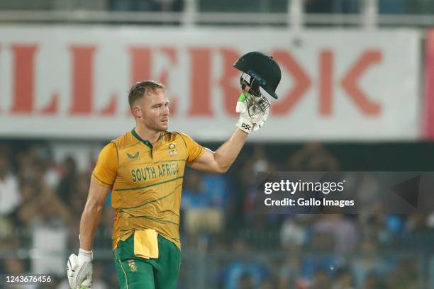 David Miller of South Africa celebrates after scoring a hundred during the 2nd T20 international match between India and South Africa at Barsapara...