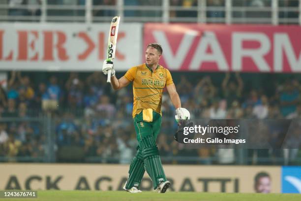 David Miller of South Africa celebrates after scoring a hundred during the 2nd T20 international match between India and South Africa at Barsapara...