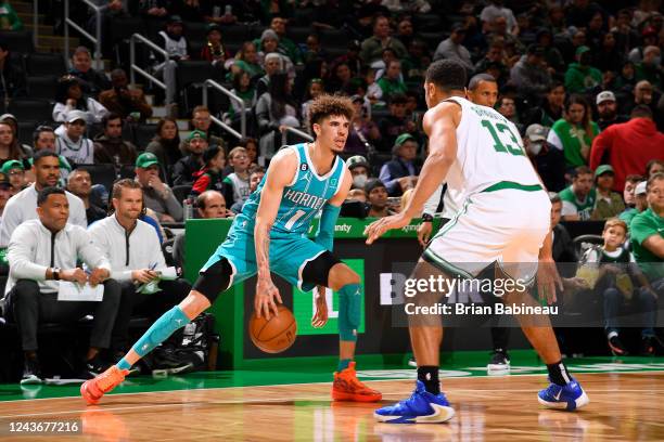 LaMelo Ball of the Charlotte Hornets handles the ball during the game against the Boston Celtics on October 2, 2022 at the TD Garden in Boston,...