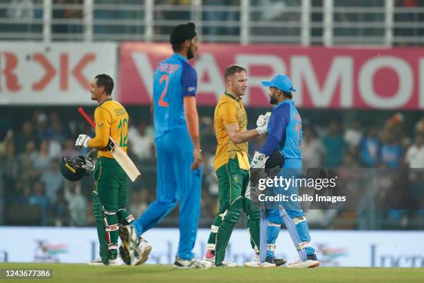 Indian players celebrate the victory during the 2nd T20 international match between India and South Africa at Barsapara Cricket Stadium on October...