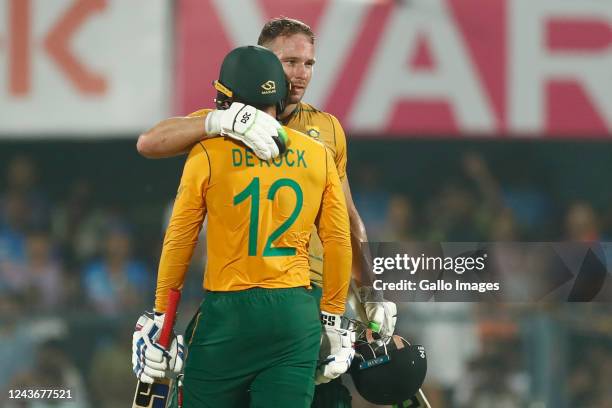 David Miller and Quinton de Kock of South Africa after the 2nd T20 international match between India and South Africa at Barsapara Cricket Stadium on...